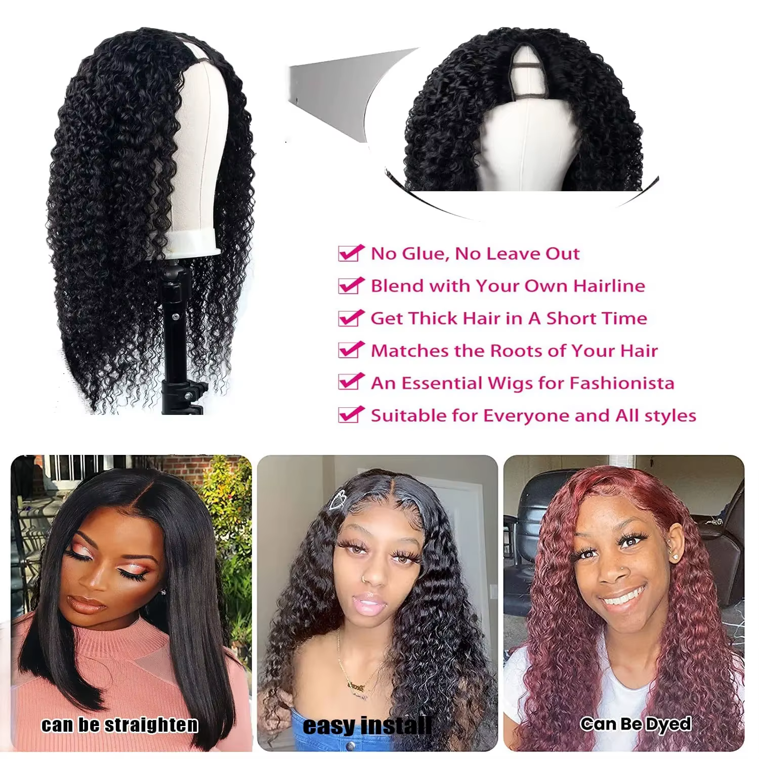 Perruque V-Part 250% Kinky Curly en Cheveux Humains