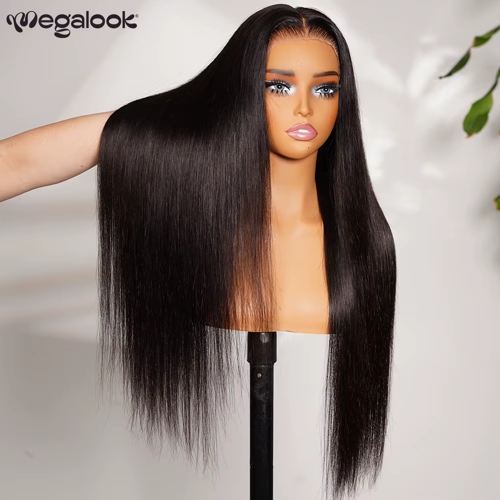 Megalook 13x6 perruque sans colle soyeuse droite avec cordon 100% perruques de cheveux humains dentelle frontale oreille