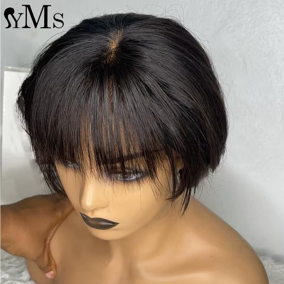 Perruques de cheveux humains bruts Bob d'été lisses bon marché avec frange pour femme YMS courte droite Pixie Bob 13x4 4x4 perruque avant de fermeture de dentelle