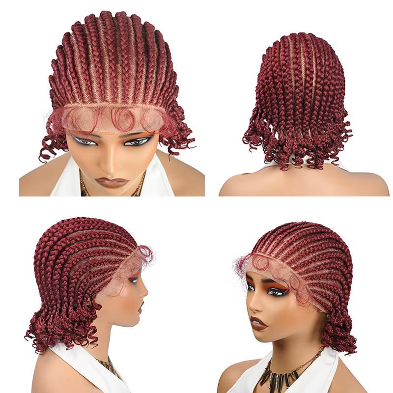Perruque tressée de 8 pouces, cheveux courts tressés, perruque bob bohème, tresses box braids sans nœuds, tresses cornrows avec pointes bouclées, perruque tressée en dentelle pour femmes