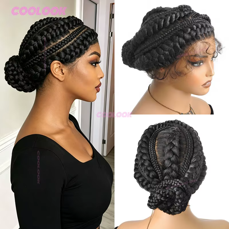 Perruque tressée sans colle avec chignon cornrow
