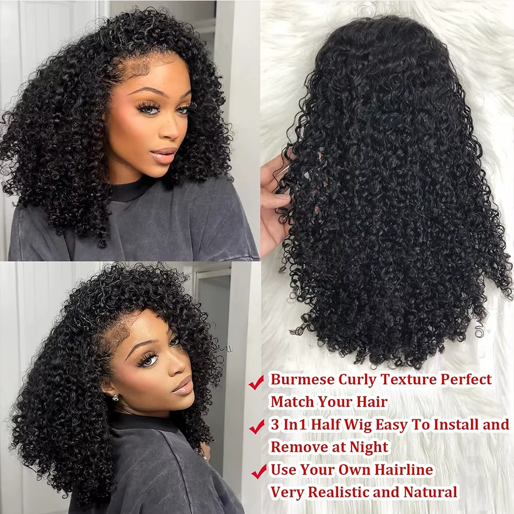 Demi-perruque cheveux humains crépus bouclés sans colle perruque