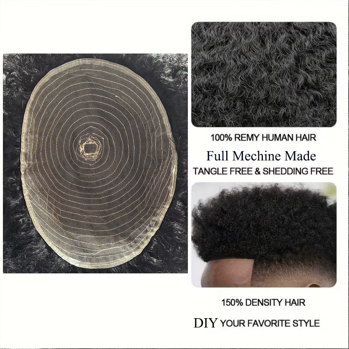 Toupet de cheveux de style afro pour hommes ou topper pour femmes postiches fabriquées à la machine 100% systèmes de