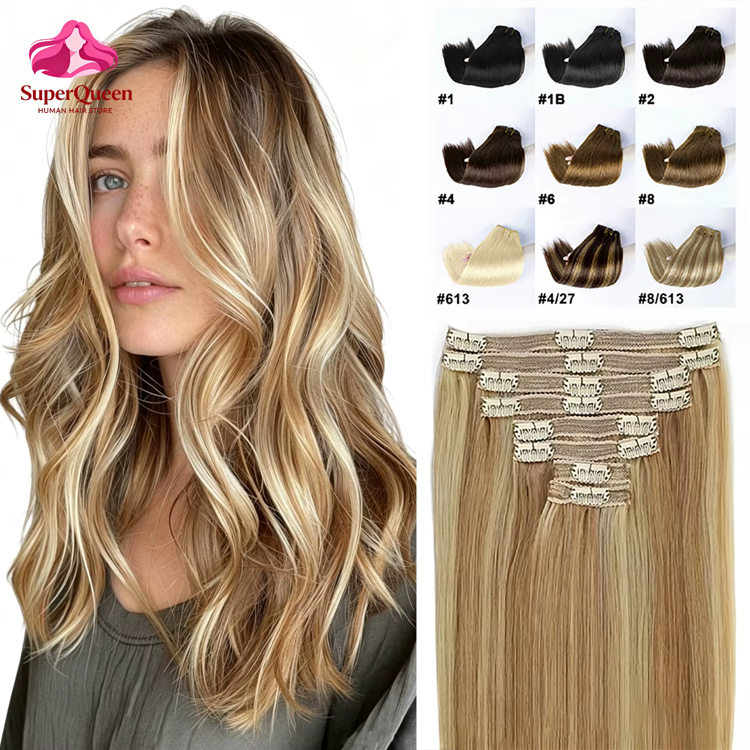 Extensions de cheveux lisses à clipser 120G 8/613 Blond Piano