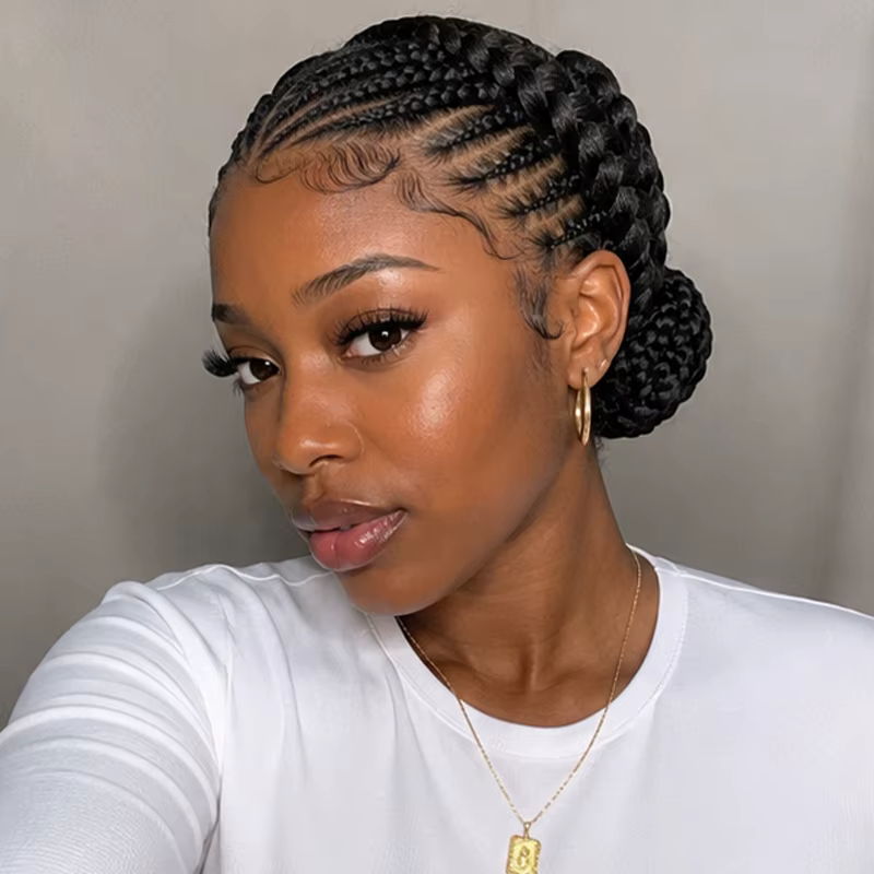 Perruque tressée africaine avec cornrows et double chignon jumbo