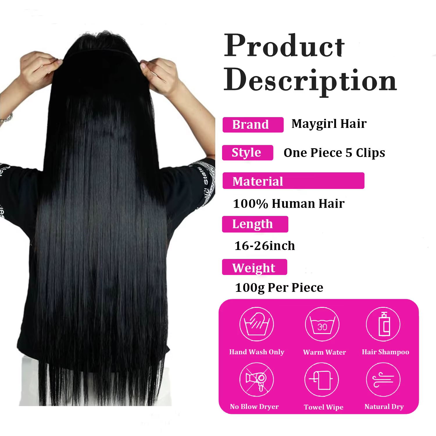 Extensions de cheveux naturels à clipser avec 5 clips dans une seule pièce