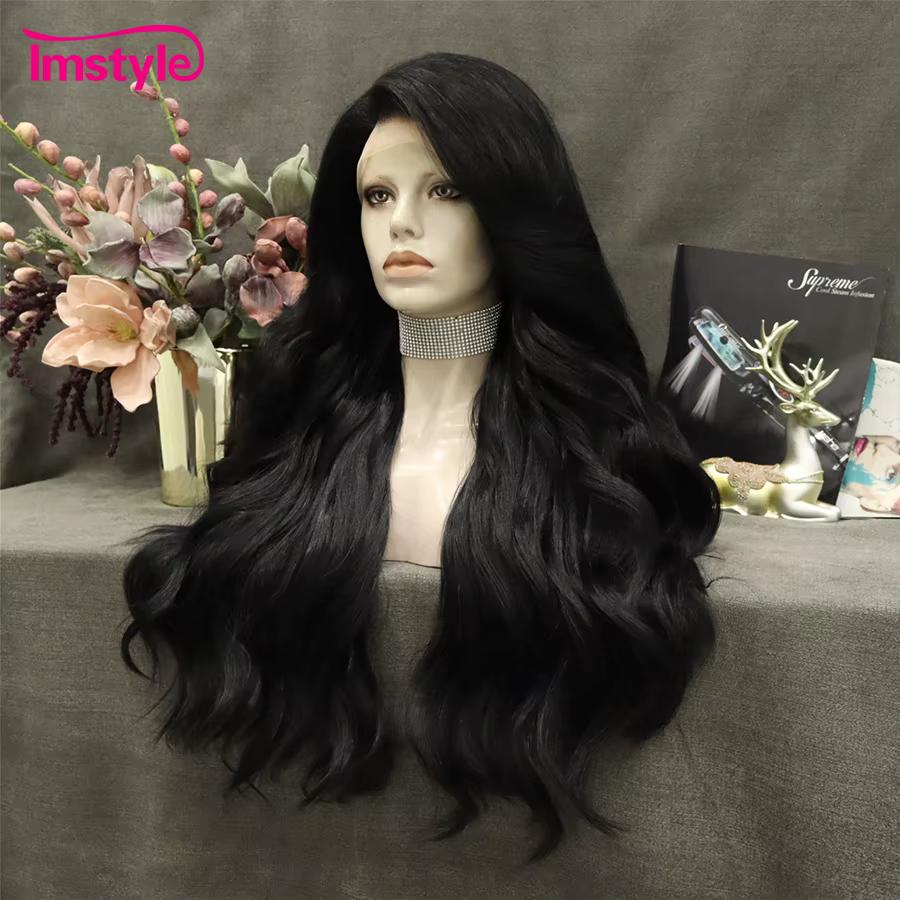 Imstyle-Perruques synthétiques noires de jais pour femmes