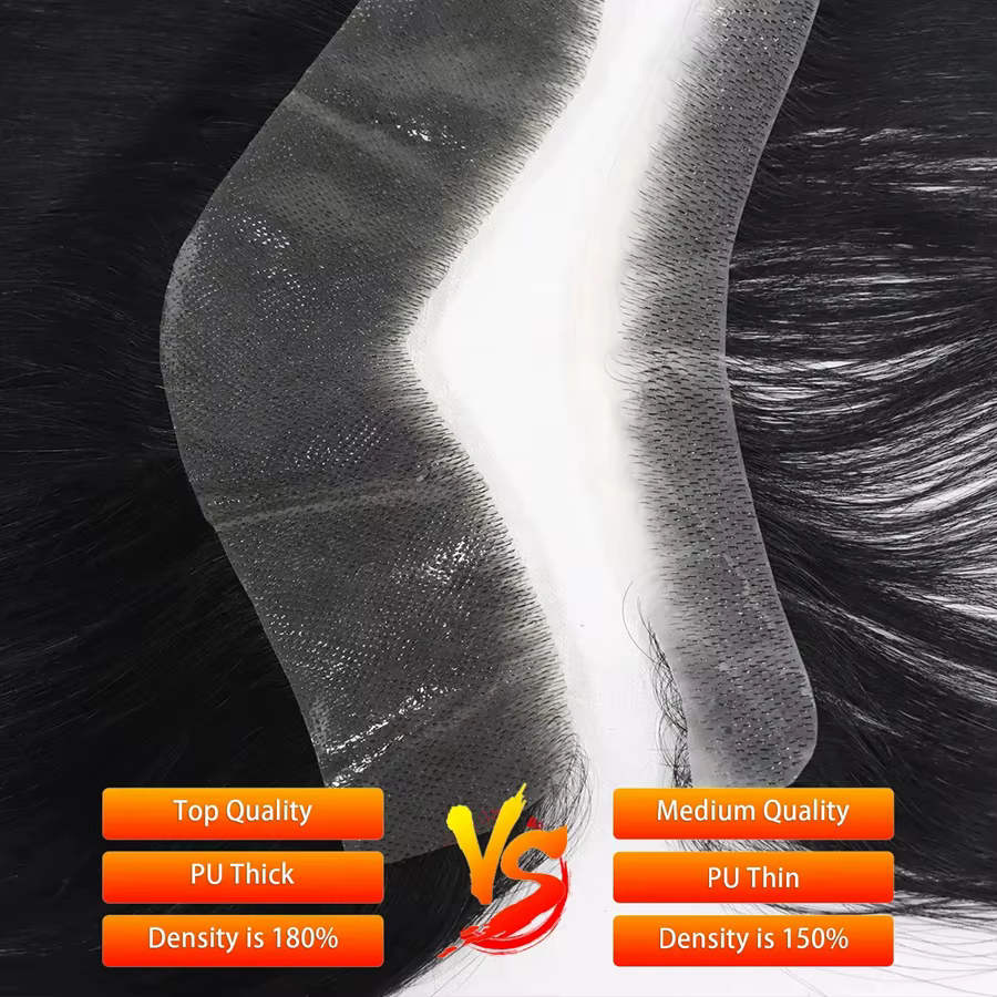 Fronte délié toupet pour hommes haute densité peau de cheveux humains PU