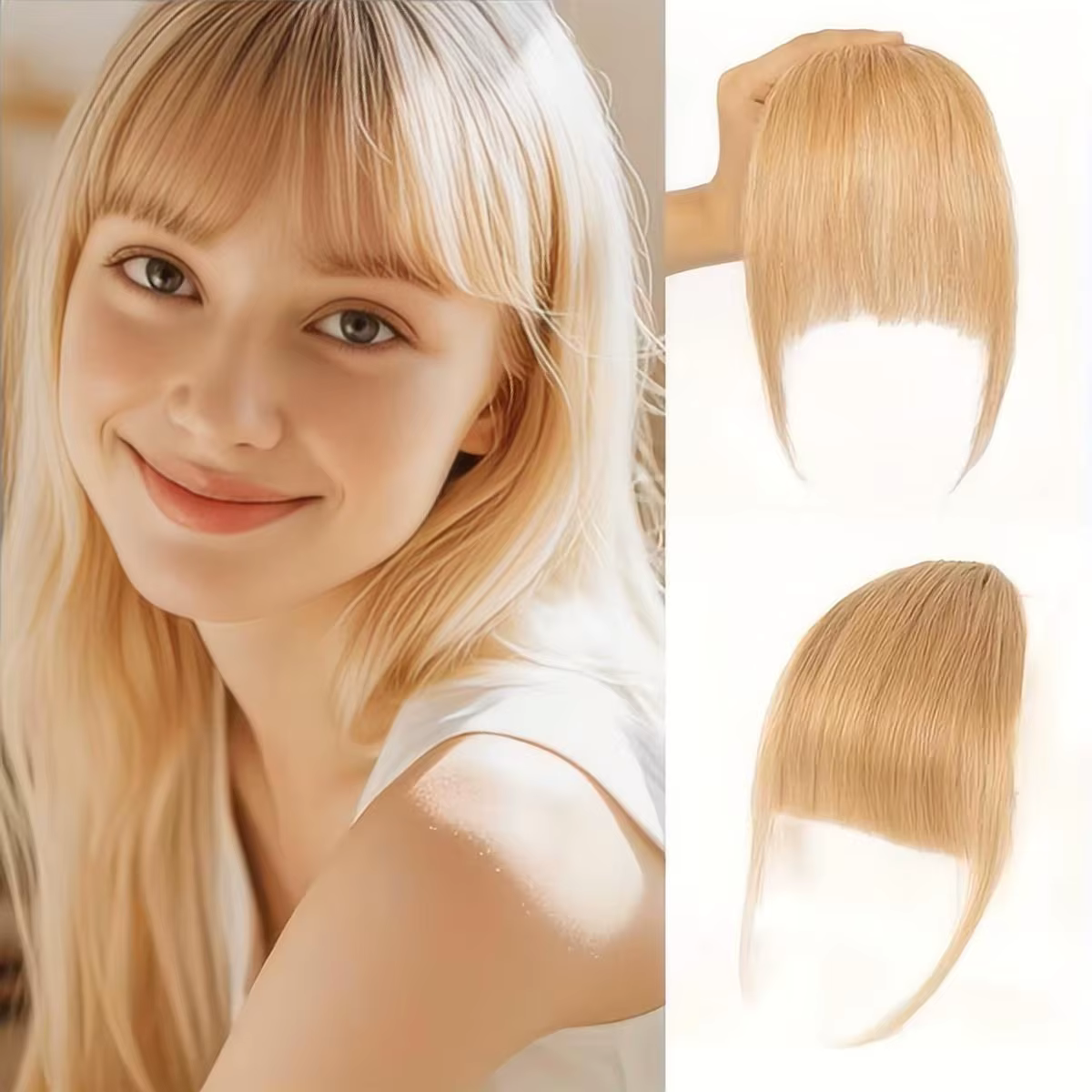 Frange de rideau vaporeux 100% cheveux humains, frange d'air française légère avec branches, extensions de cheveux à Clip pour femmes, couleur blonde