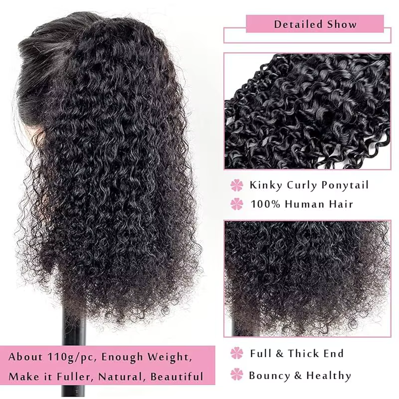 Extensions de queue de cheval bouclées vague profonde cordon queue de cheval pour les femmes noires cheveux humains avec pince en queue de cheval épaisse cheveux naturels # 1B
