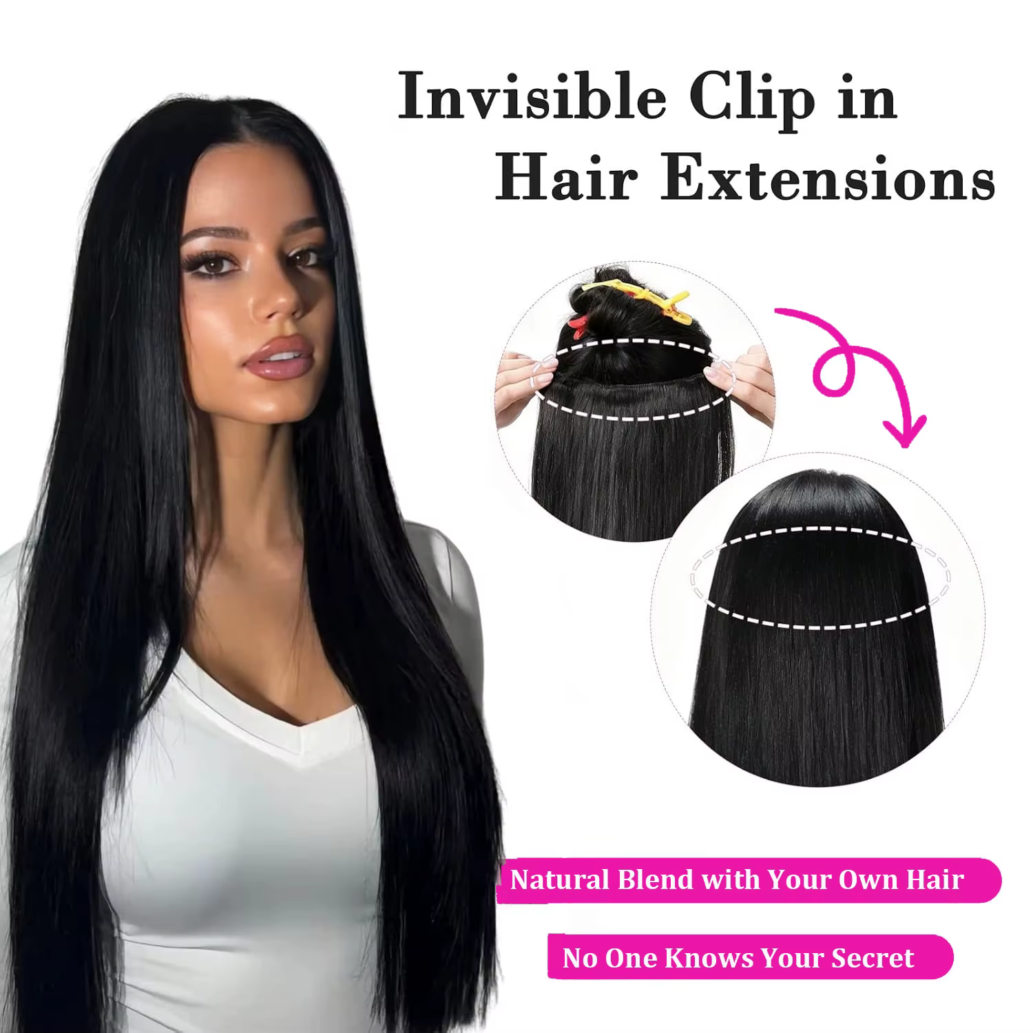 Extensions de cheveux naturels à clipser avec 5 clips dans une seule pièce