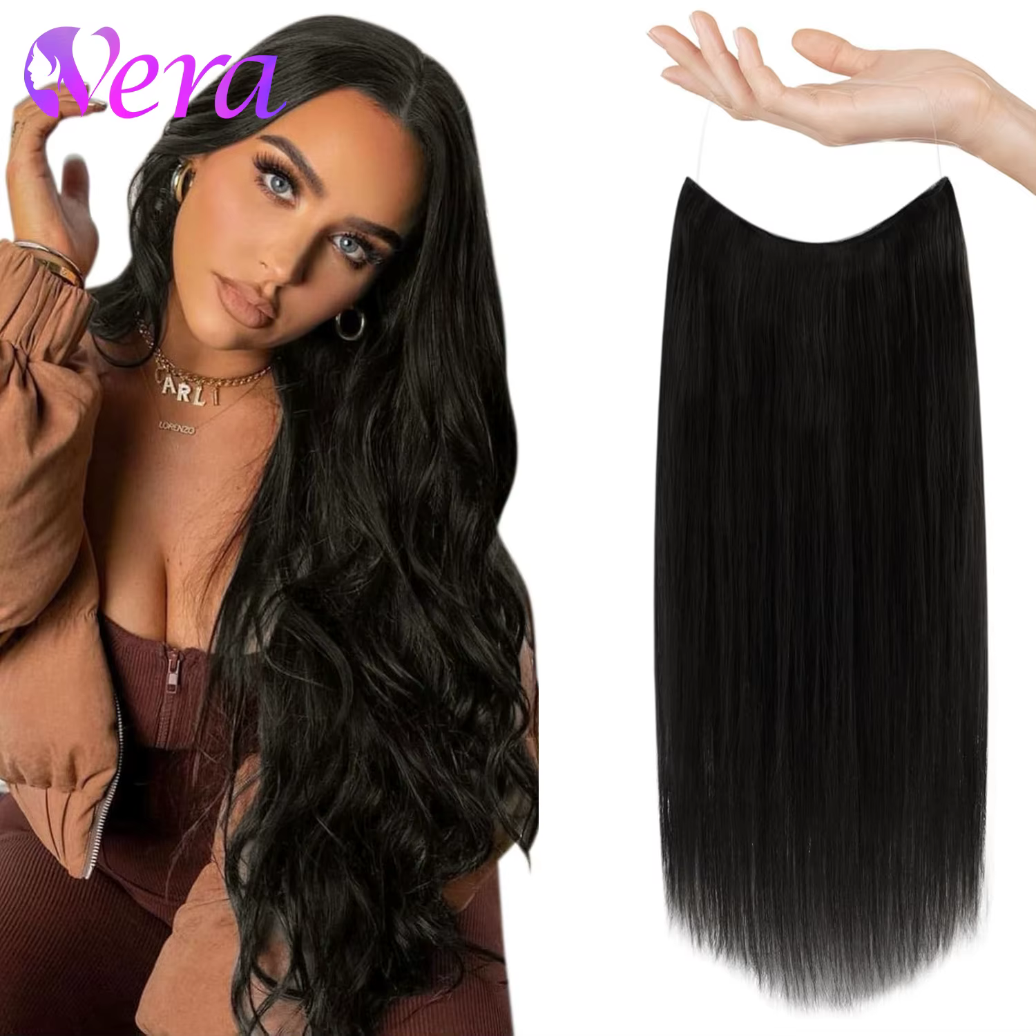 Extensions de cheveux de fil droit vrais cheveux humains fil noir naturel Extensions de cheveux humains 16-26 pouces ligne de poisson pince dans l'extension