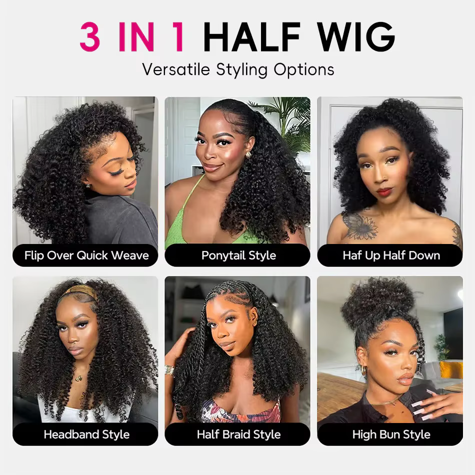 Perruque mi-tête bouclée crépue en cheveux humains