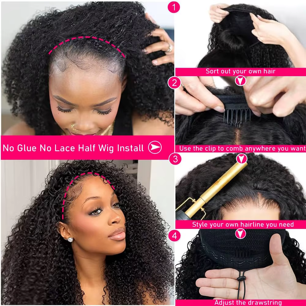Demi-perruque cheveux humains crépus bouclés sans colle perruque