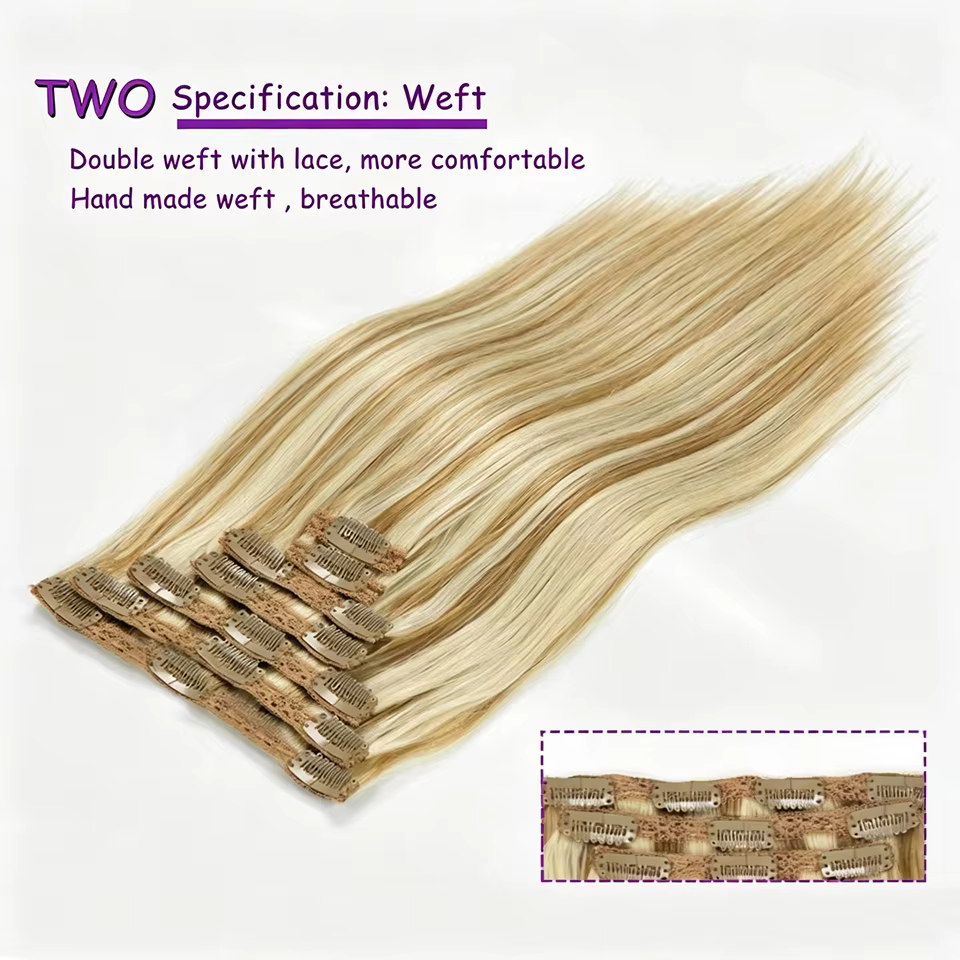 Extensions de cheveux à clipser, cheveux humains vierges, extensions brésiliennes à clipser, lisses, couleur blonde pour femmes, 16-26 pouces