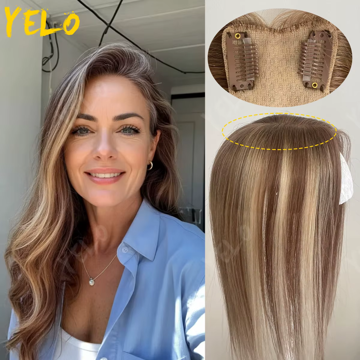 Topper de cheveux humains lisses blonds Ombré Balayage 7x11cm avec base en PU injecté