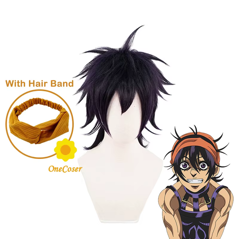 JOJO's Bizarre Adventure Narancia Ghirga Cosplay perruque violet foncé avec bandeau cheveux fibre résistante à la