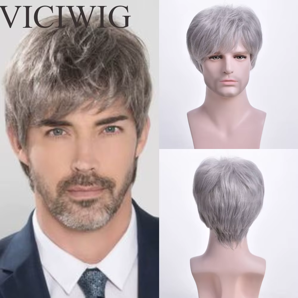 Perruque Synthétique Courte Droite Grise Argentée pour Homme