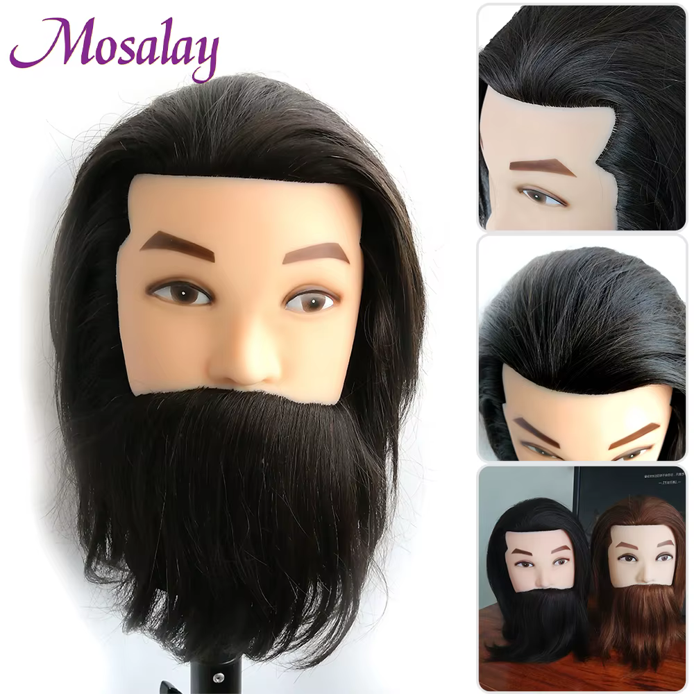 100% mâle réel cheveux humains Mannequin pratique formation tête avec barbe pour couper coiffure