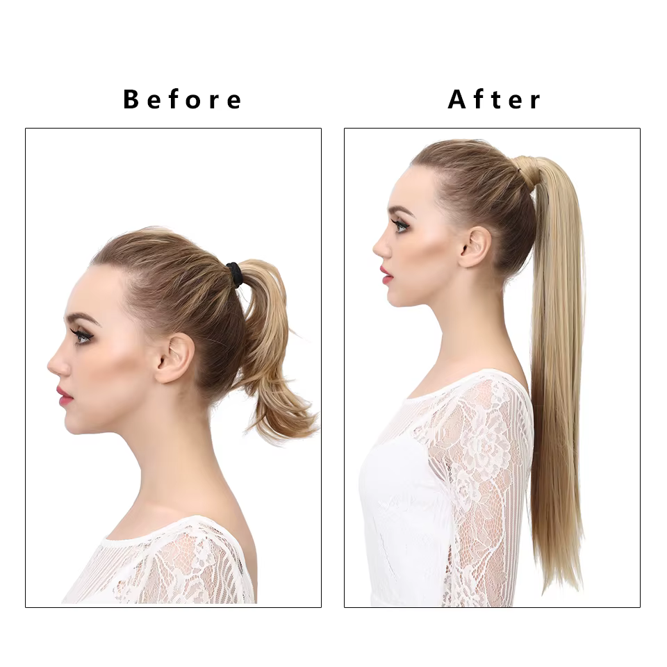 Clip synthétique en queue de cheval Extension de cheveux perruque droite crépus bouclés longue enrouler autour de fausse