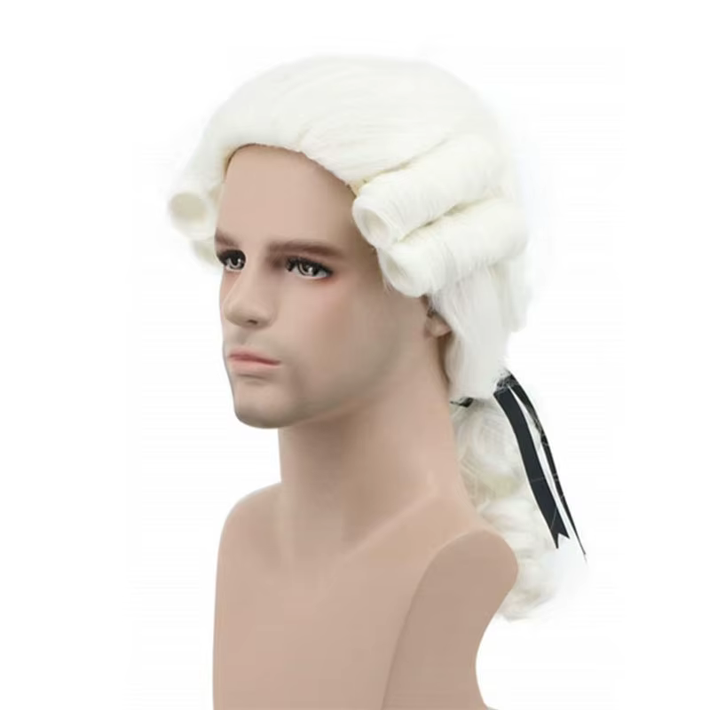 Gris blanc noir avocat juge baroque bouclés hommes perruques de luxe historique longue synthétique Cosplay perruque