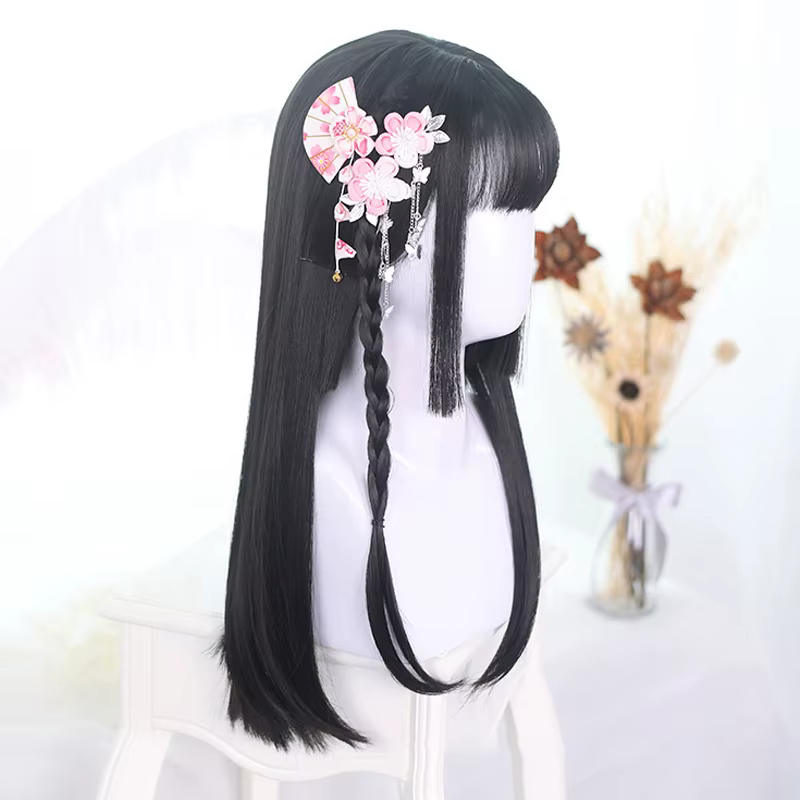 AOSI – perruques synthétiques noires longues et lisses avec frange pour femmes, perruques de fête de Cosplay de noël à la mode