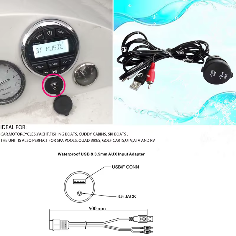 Câble USB universel étanche, Extension de Marine, câble Audio stéréo pour bateau, 3.5mm RCA AUX, Port d'interface UTV, ATV, Yacht, voiturette de Golf