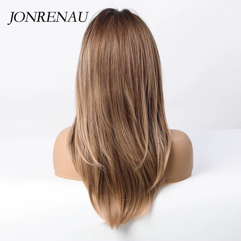 JONRENAU cheveux longs raides avec frange Ombre noir foncé brun à blond perruques synthétiques pour les femmes fête quotidien Cosplay utilisation perruque
