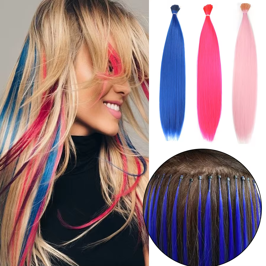 Teinture capillaire synthétique arc-en-ciel faux Extensions de cheveux colorés Kanekalon i-tip kératine Fusion pour