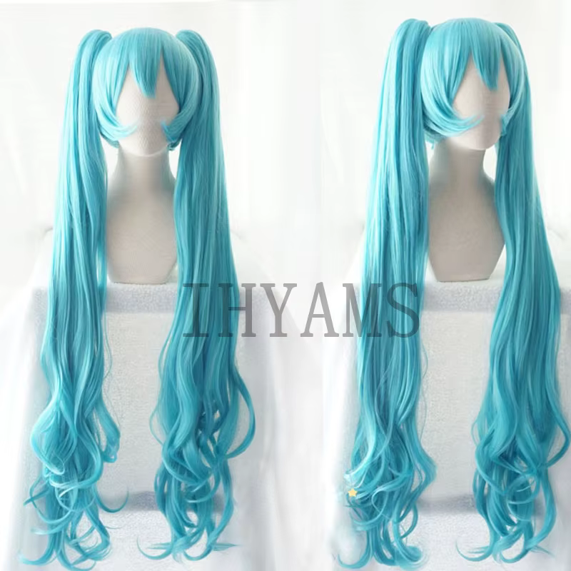 Miku 120 cm vert mixte longs bouclés cheveux synthétiques Cosplay perruques haute température fibre fête Halloween perruques + bonnet de perruque