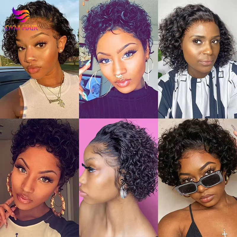 Perruque coupe lutin courte bouclée avant de lacet perruques de cheveux humains pour les femmes noires vague d'eau