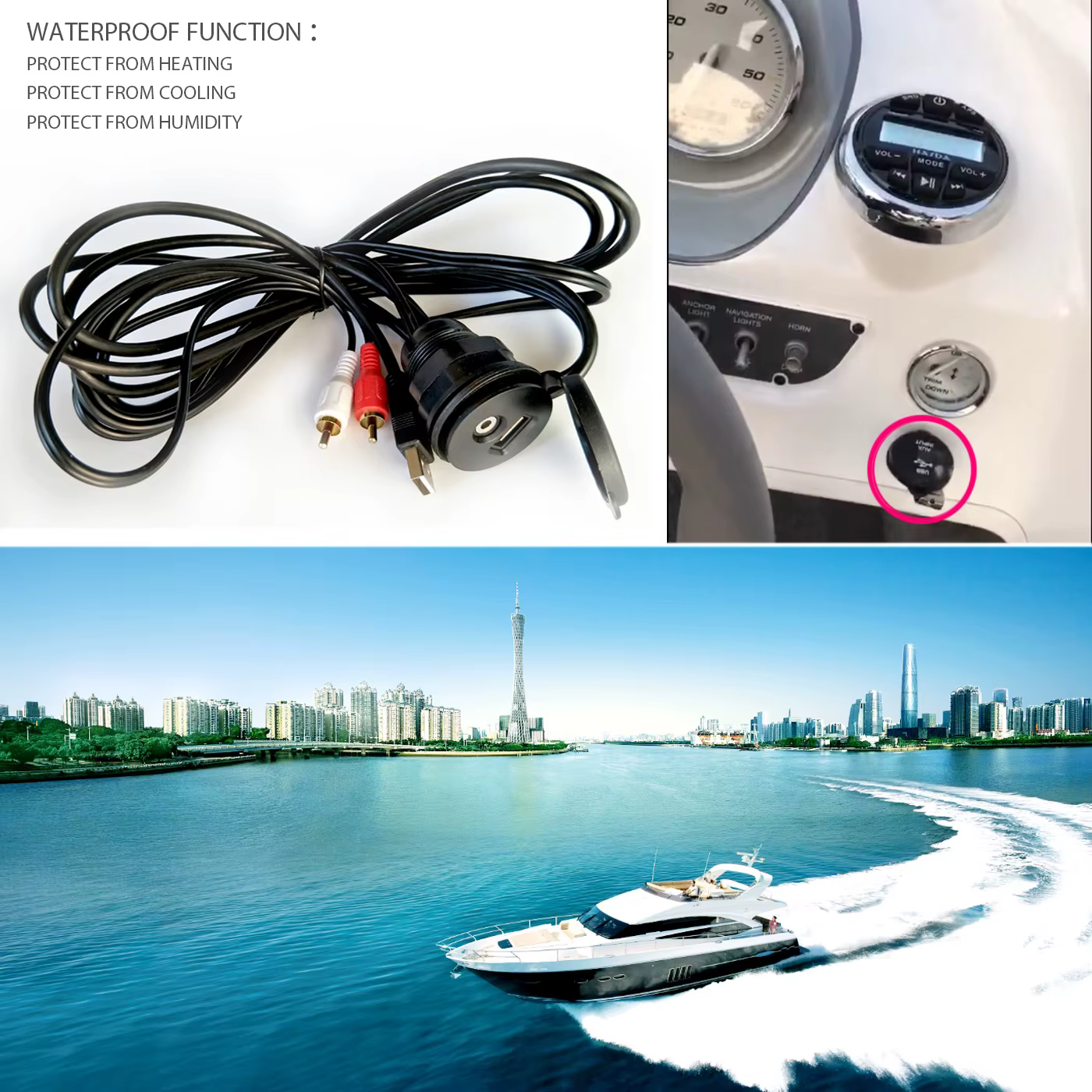 Câble USB universel étanche, Extension de Marine, câble Audio stéréo pour bateau, 3.5mm RCA AUX, Port d'interface UTV, ATV, Yacht, voiturette de Golf