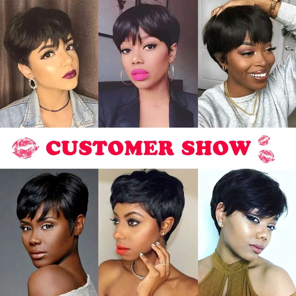 Perruque courte coupe pixie bouclée en cheveux humains brésiliens pour femmes noires