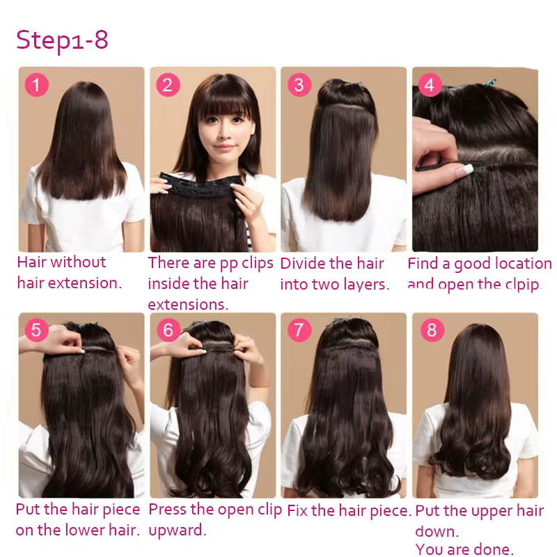 MERISIHAIR 32 pouces Extensions de cheveux synthétiques une pièce 5 Clips longue droite haute température fibre noir brun postiche