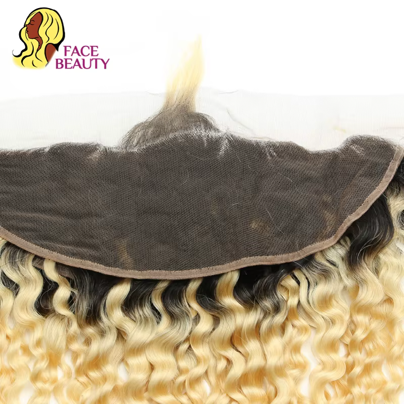 Facebeauty 1B 613 Remy Brazilian Curly Frontal Honey Blonde Ombre Cheveux Humains 13*4 Pré-Plucké de l'oreille