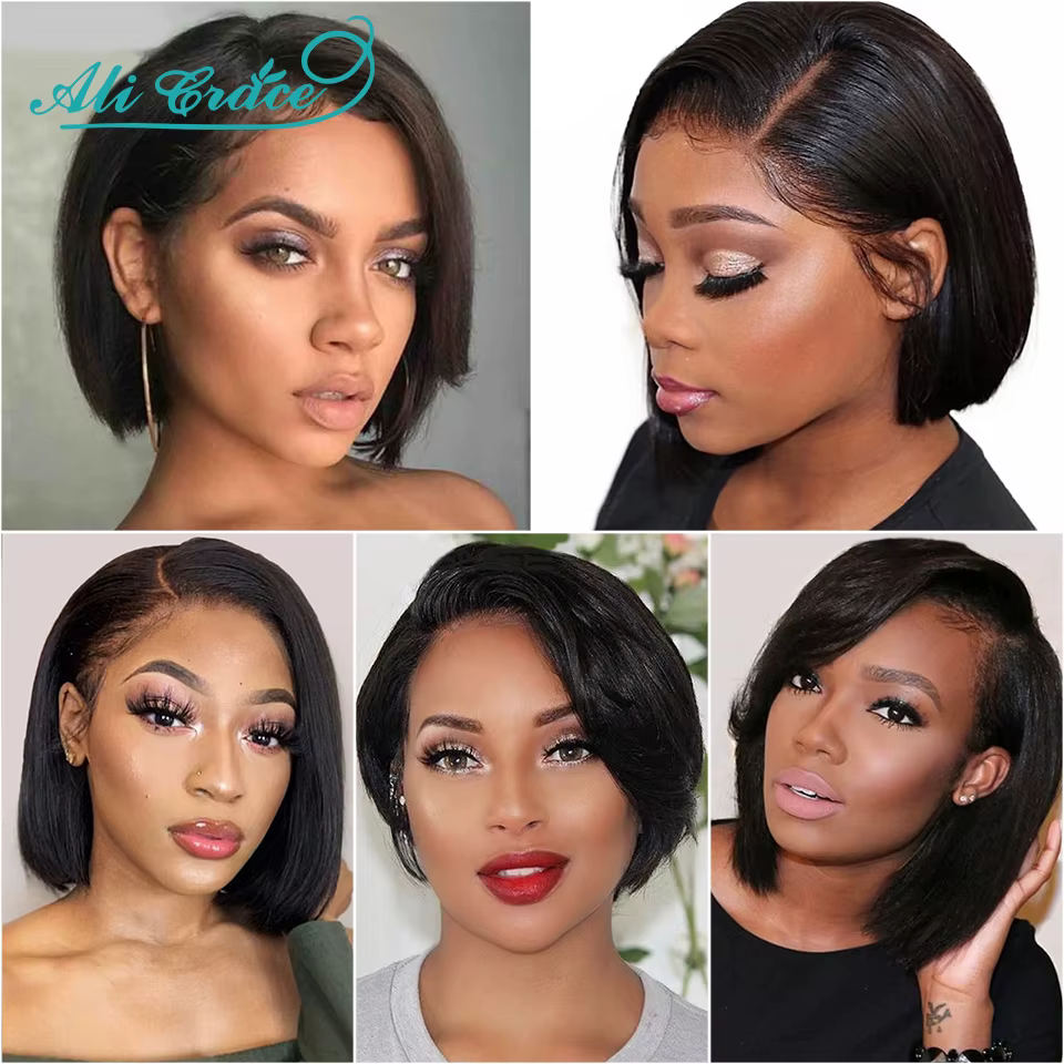 Perruque de cheveux brésiliens courts et lisses, coupe Pixie 20CM, coupe droite, pré-épilée, Ali Grace Lace Part Lace Wigs
