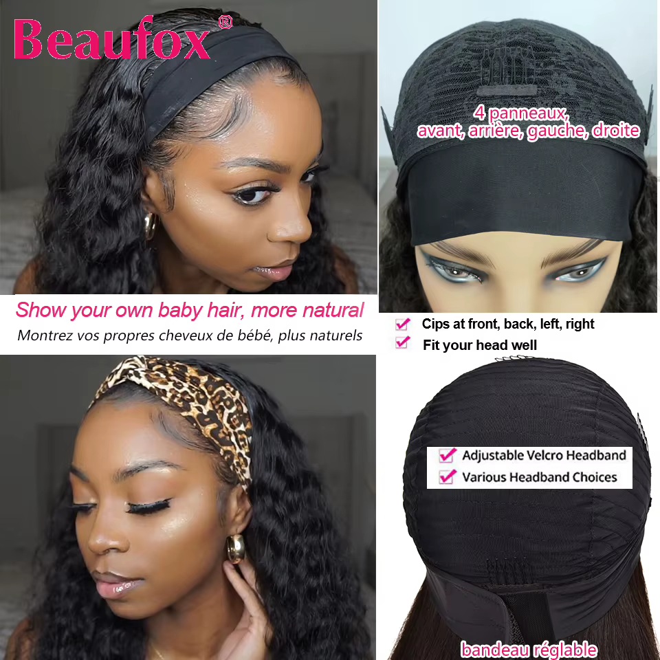 Beaufox vague d'eau bandeau perruque perruques de cheveux humains pour les femmes noires écharpe brésilienne faite à la