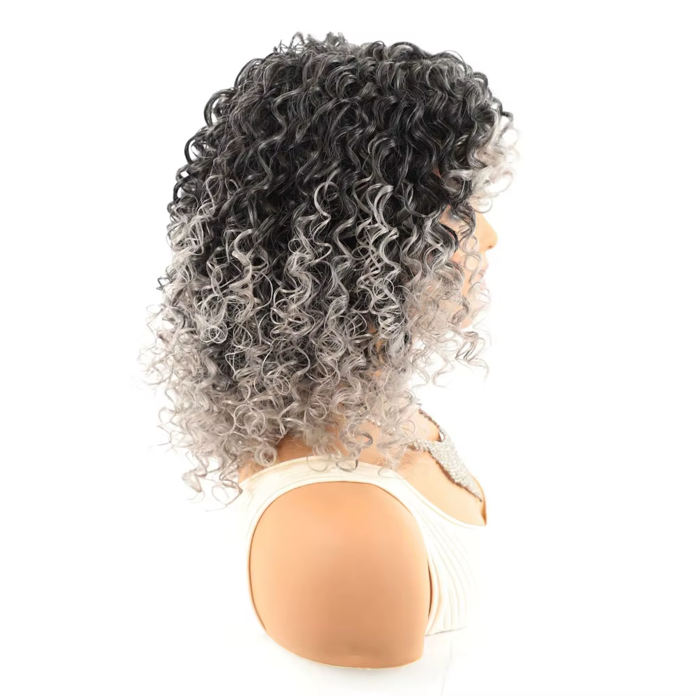 Jeedou perruque de cheveux courts bouclés avec frange perruques pour femmes noir gris mélange couleur coiffure moelleuse