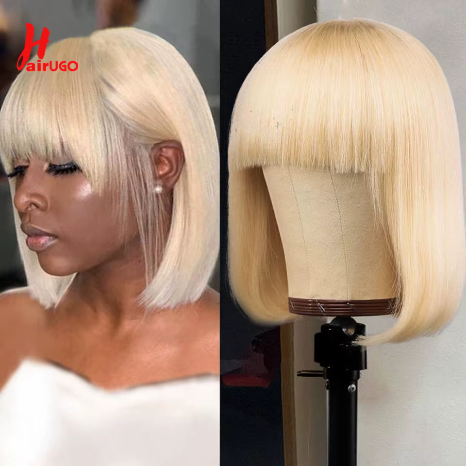 HairUGo-Perruque BOB blonde avec frange pour femme