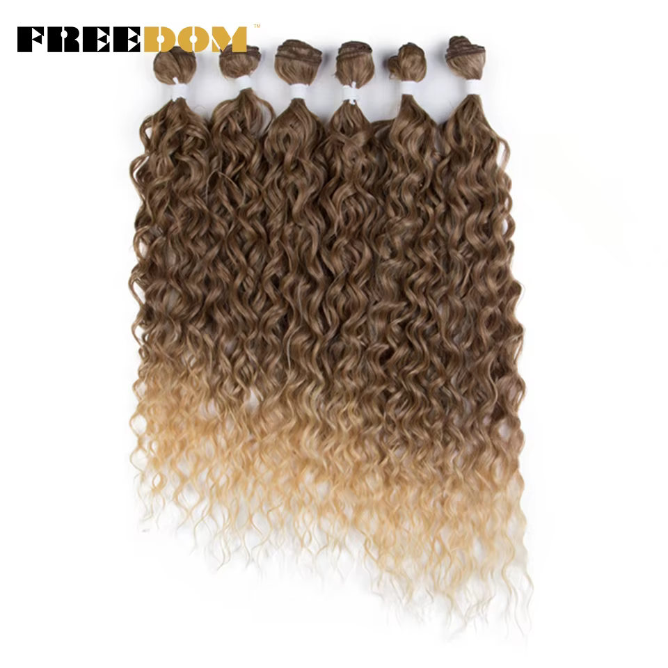FREEDOM – Extensions capillaires synthétiques, cheveux bouclés, blonds ombrés, 24-28 pouces, 6 pièces/lot, résistants à la chaleur, pour femmes noires
