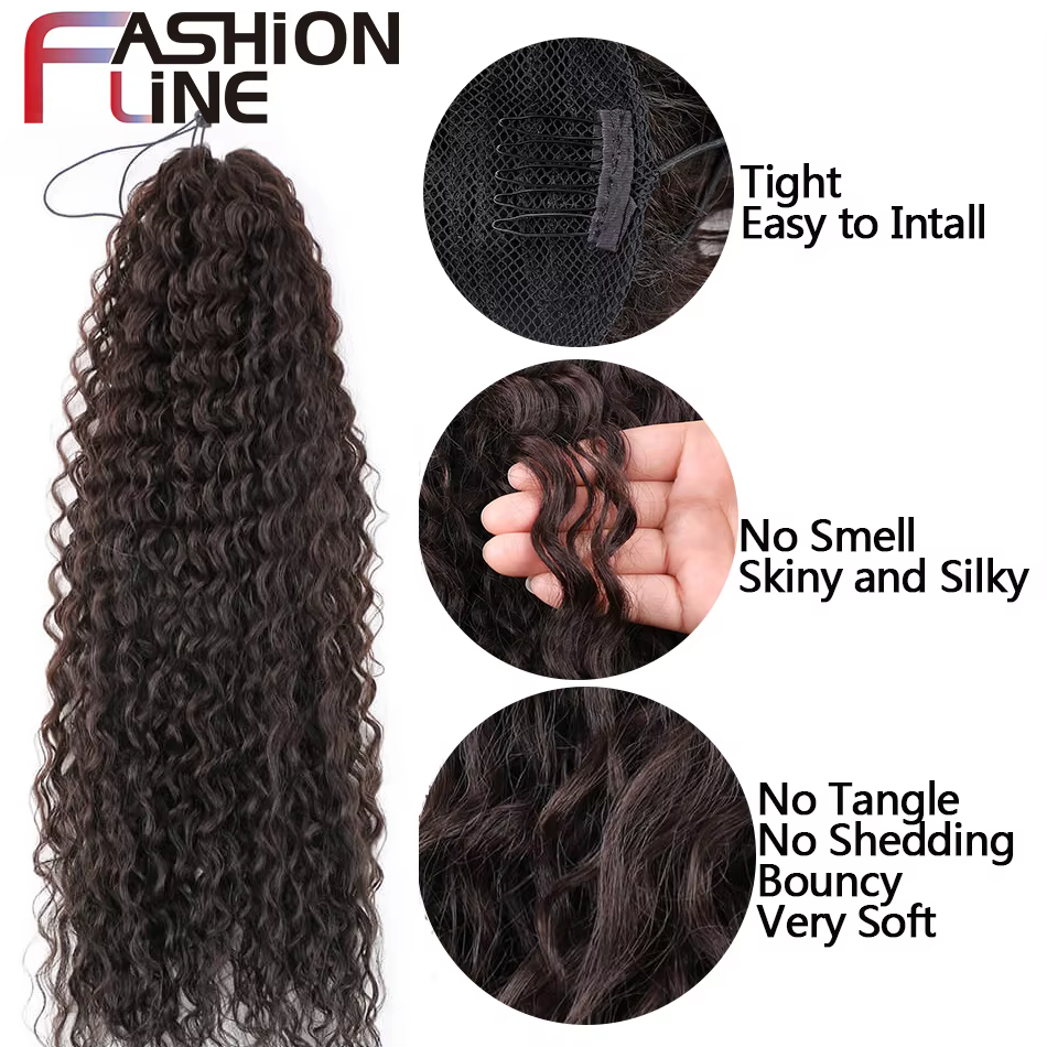 Extensions de faux cheveux synthétiques 30 pouces de Long crépus bouclés cordon queue de cheval pince organique en