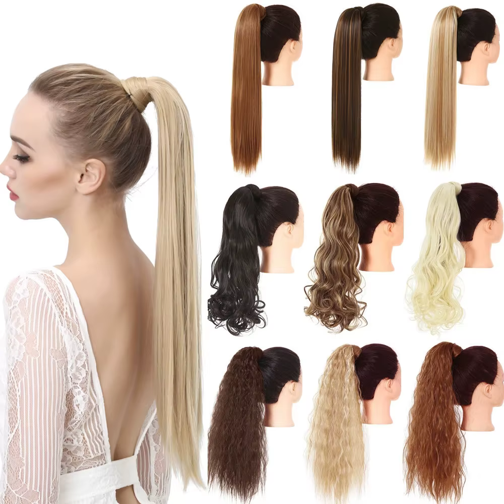 Clip synthétique en queue de cheval Extension de cheveux perruque droite crépus bouclés longue enrouler autour de fausse
