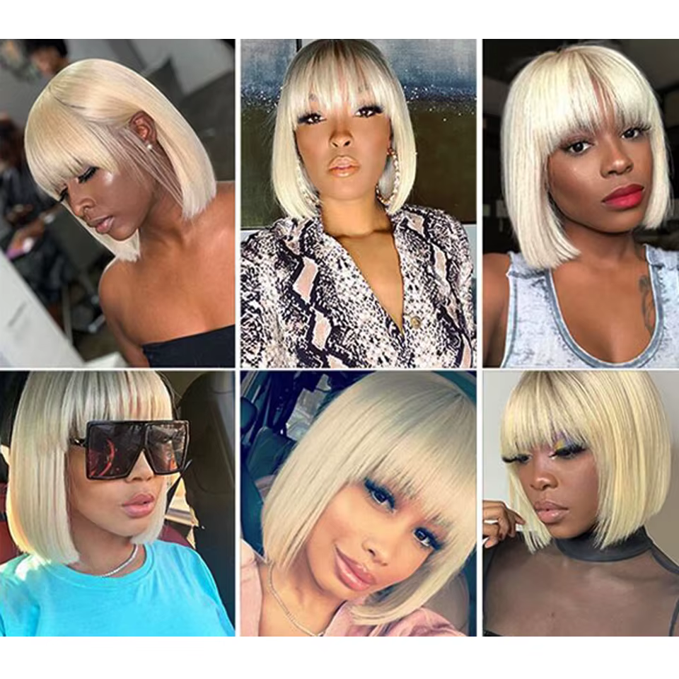 HairUGo-Perruque BOB blonde avec frange pour femme