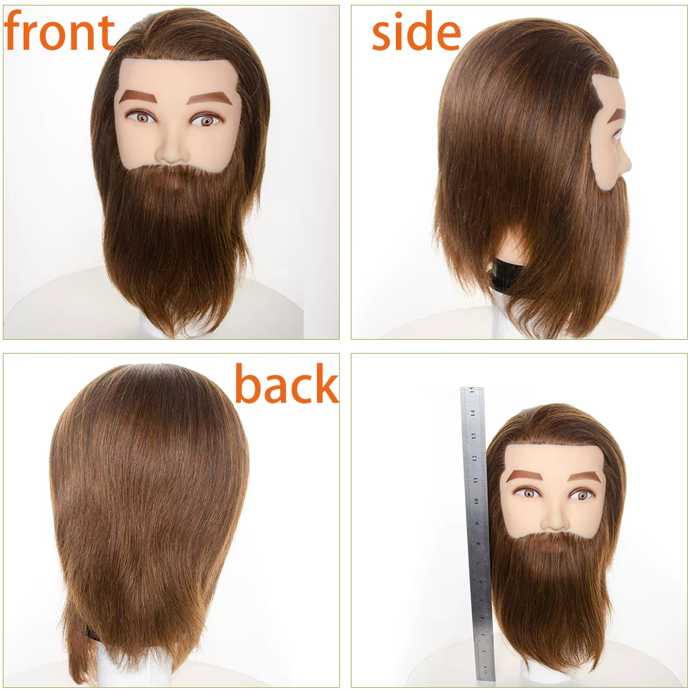 100% mâle réel cheveux humains Mannequin pratique formation tête avec barbe pour couper coiffure