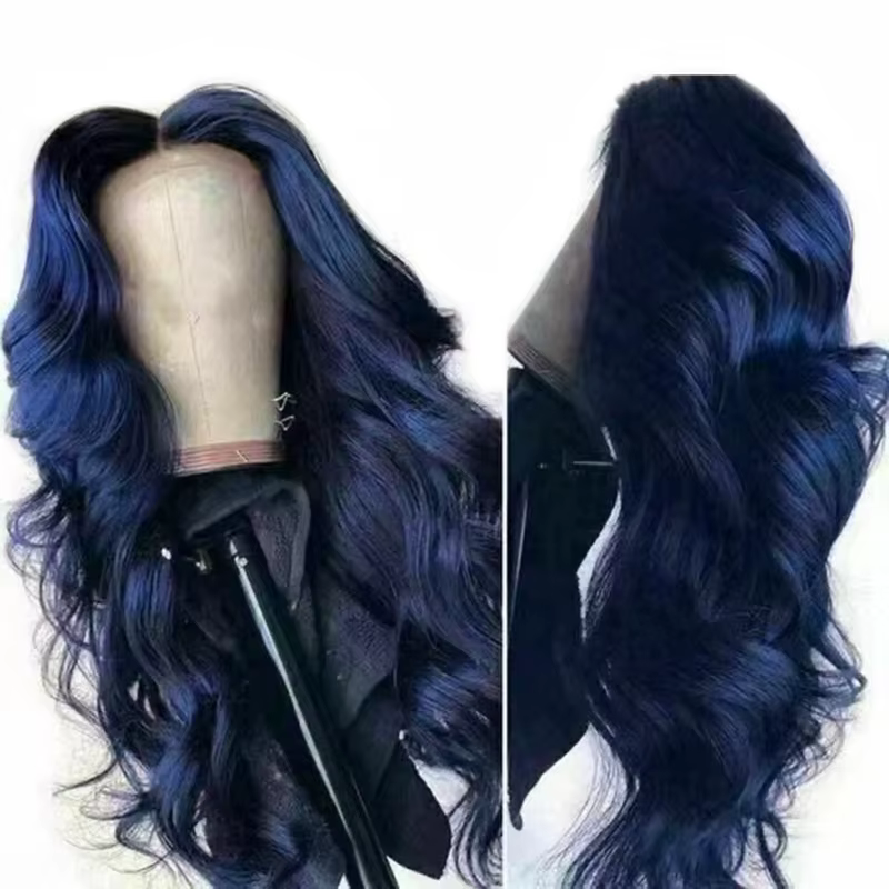 Perruque Lace Front Wig synthétique Body Wave longue bleu foncé, 13x4, naissance des cheveux naturelle pré-épilée, perruque de Cosplay à usage quotidien pour femmes