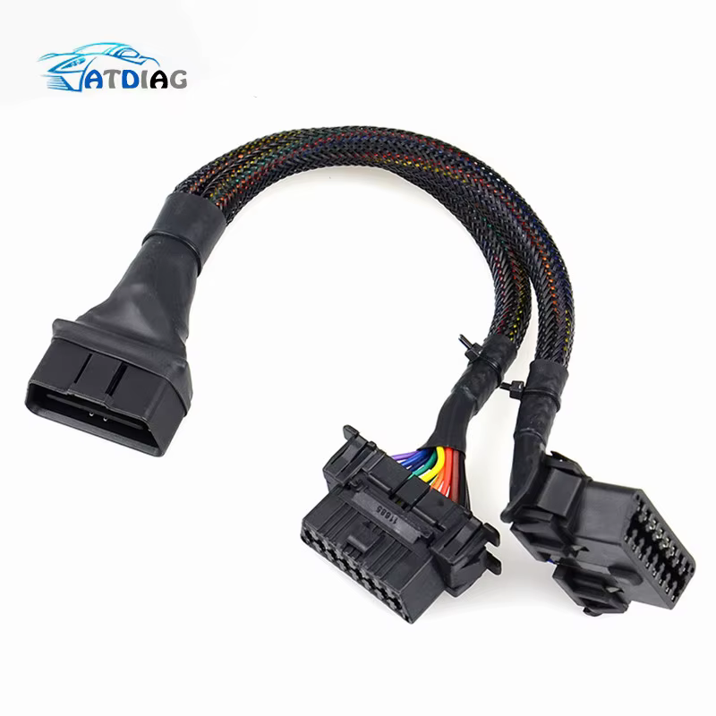 Câble d'extension coudé OBD2 mâle vers double femelle avec 16 broches disponibles pour connecté 1 en 2 adaptateur d'extension OBD 2 converti