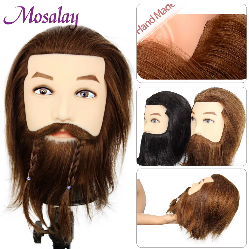 100% mâle réel cheveux humains Mannequin pratique formation tête avec barbe pour couper coiffure
