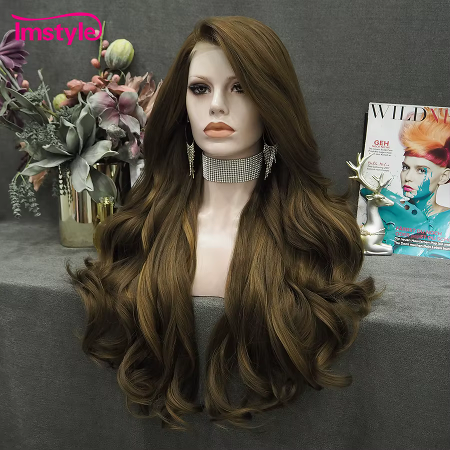 Imstyle-Perruque Synthétique Lace Front Wig pour Femme, Cheveux Longs Naturels Ondulés, Fibre de Degré de Chaleur, localité, Brun Mixte, 03/Wigs