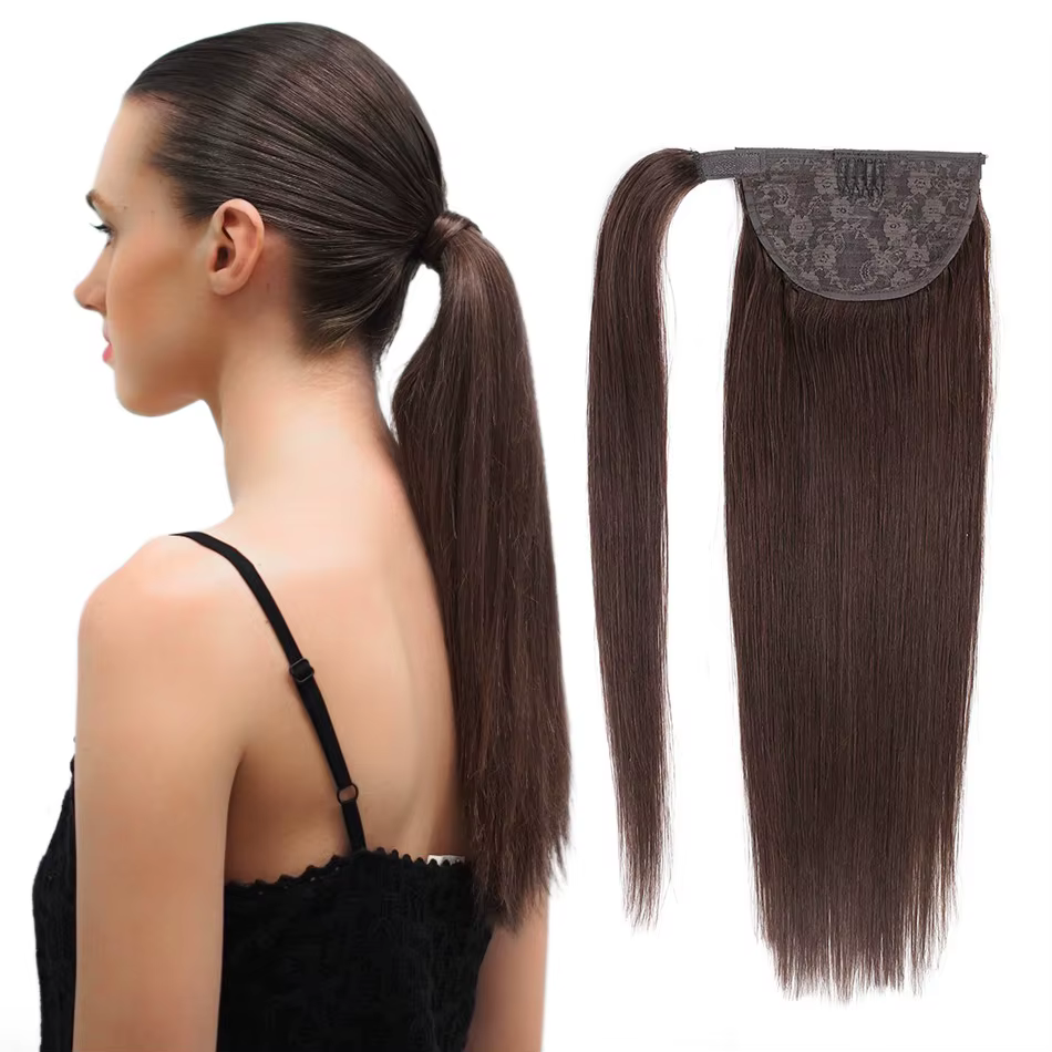 BHF 100% cheveux humains queue de cheval brésilienne Remy queue de cheval envelopper autour de la perruque de prêle 120g postiches queues droites naturelles