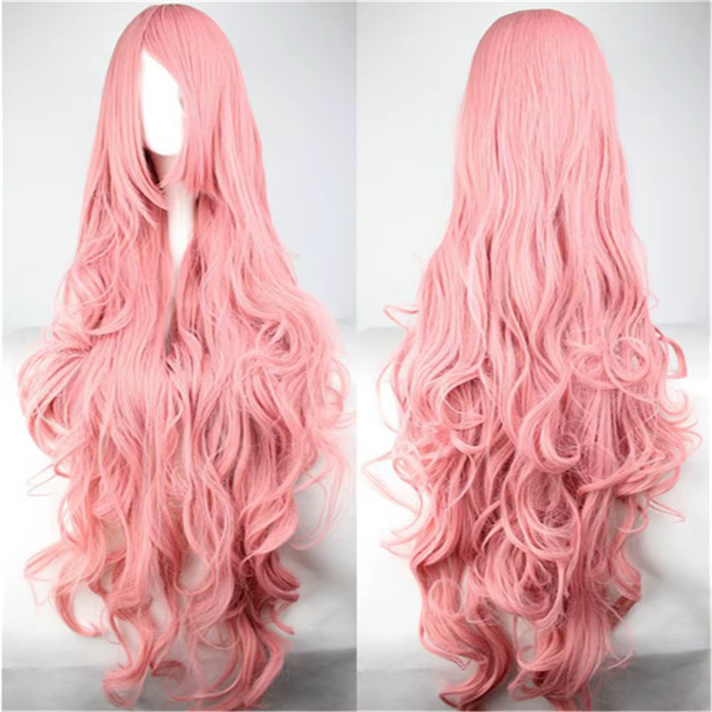 Perruques de cheveux synthétiques pas cher 100 CM longue perruque rose avec frange